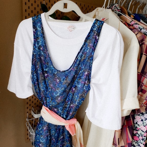 Handmade blue floral semi sheer midi dress zipper back navy sleeveless vintage - Picture 4 of 7